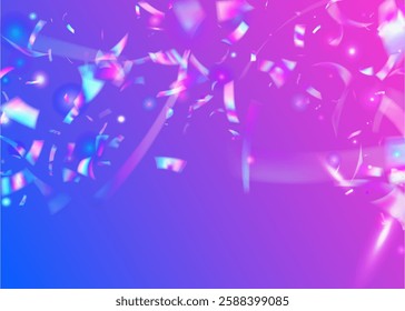 Neon Burst. Surprise Tinsel. Glare Holographic Illustration. Digital Poster. Pink Retro Glitter. Color Background. Laser Pattern. Hologram Ribbon. Blue Neon Burst
