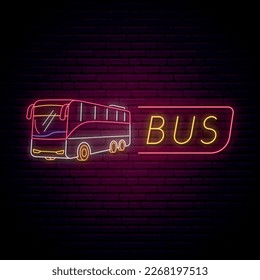 Neon bus sign. Glowing bus icon and text on dark brick wall background. Neon signboard. Vector illustration.