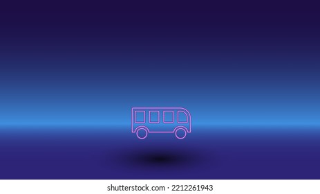 Neon bus symbol on a gradient blue background. The isolated symbol is located in the bottom center. Gradient blue with light blue skyline
