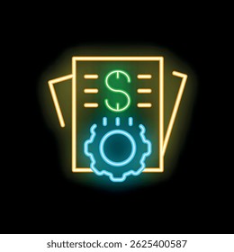 Neon business icon of a process generating money with a dollar sign and a gear wheel, ideal for websites and apps