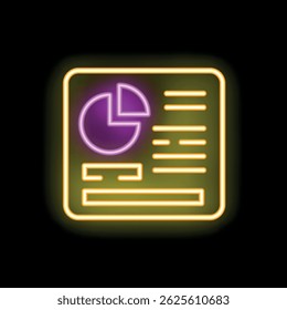 Neon business report sign with pie chart glowing on black wall