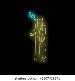 Neon businessman talking with speech bubble, communication and business concept, isometric view