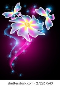 Neon butterflies and flower with shiny smoke and stars