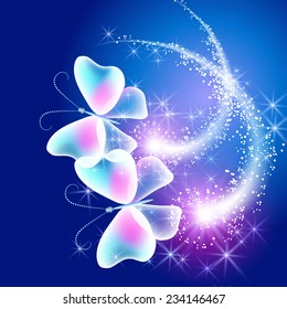 Neon butterflies and glowing firework