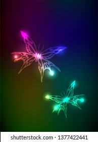 Neon Butterflies on a black background. Neon glowing abstract butterflyes.