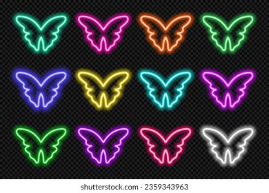 Neon butterfly border icon set. Glowing coloful frames button. Spring rainbow colors shape action UI elements. Purple, blue, pink, yellow, green, red color text box. Vector illustration.