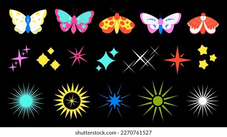 Neon butterfly and stars. Sun rays, star shining on black background. Abstract graphic elements, celestial symbols and magic butterflies vector set