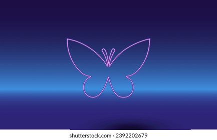 Neon butterfly symbol on a gradient blue background. The isolated symbol is located in the bottom center. Gradient blue with light blue skyline