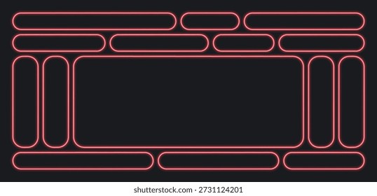 Marco de acción de llamada de Botón de neón con efecto de luz aislado en bg oscuro. Hud caja de marco de juego con brillo, forma de píldora de neón rojo para Web o móvil ux, Ilustración vectorial. Conjunto de Anuncio de neón de forma diferente.