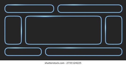 Neon-Knopf-Call-Action-Frame mit Lichteffekt einzeln auf dunklem BG. Hud Spiel Rahmen Box mit Glanz, blaue Neon Pille Form für Web oder mobile ux, Vektorgrafik. Unterschiedliche Form Neon Banner Set.