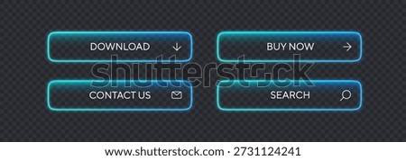 Neon button call action frames with download text and icon, isolated on transparent dark background. Glow neon box frame for internet shop, commerce. Bright modern design for casino or game interface.