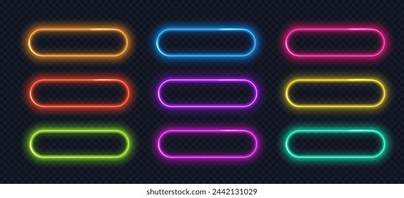 Neon button frame isolated collection. Glowing gradient borders, UI elements, action button.