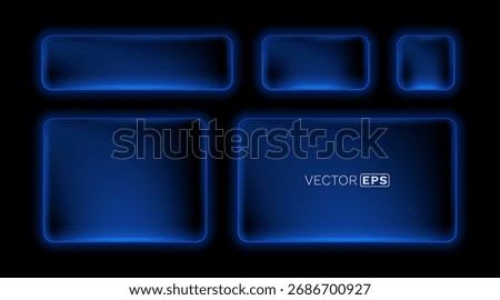 Neon Button frame, set blue color, black background. Vector illustration