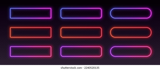 Neon button frames, gradient glowing borders, isolated UI elements. Action button decoration with various corner radius. Vector illustration.