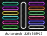 Neon button frames pill set. Glowing coloful rounded rectangle border. Geometric shape action UI elements with copy space. Purple, blue, pink, yellow, green, red color text boxes. Vector illustration.