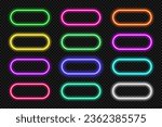Neon button frames pill set. Glowing coloful rounded rectangle border. Geometric shape action UI elements with copy space. Purple, blue, pink, yellow, green, red color text boxes. Vector illustration.