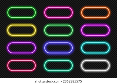 Neon button frames pill set. Glowing coloful rounded rectangle border. Geometric shape action UI elements with copy space. Purple, blue, pink, yellow, green, red color text boxes. Vector illustration.