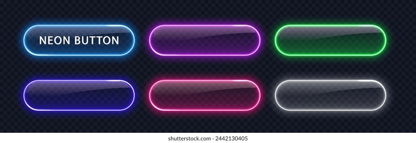 Neon button Realistic. Colorful glowing frames, borders, UI elements isolated on black background. Design element in futuristic style.