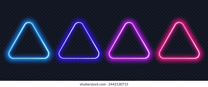 Neon button triangle set. Glowing colorful border with copy space. Realistic neon frame isolated