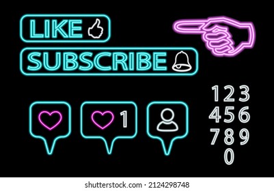 Neon buttons like and subscribe. Set of neon speech bubbles and numbers on a dark background. Template for design.