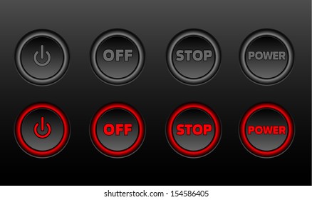 Neon buttons. Power on glowing vector icon set on black background