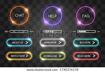 Neon buttons for web shop. Glowing click badges for chat enter and download, online shopping light button frames, lighting
