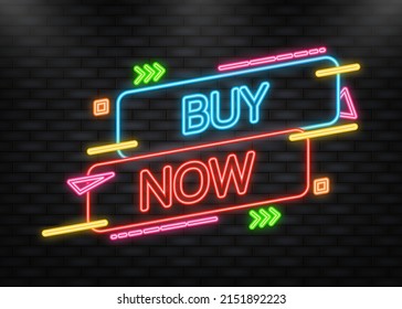 Neon buy now banner on blue background. Buy offer sticker. Vector background. Vector design banner