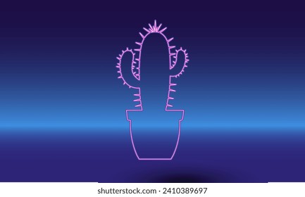 Neon cactus symbol on a gradient blue background. The isolated symbol is located in the bottom center. Gradient blue with light blue skyline