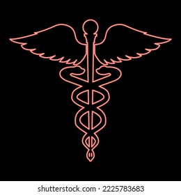 Neon caduceus health symbol asclepius's wand red color vector illustration image flat style light