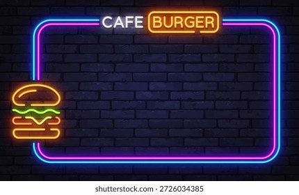 Neon Café Burger Rahmen mit glühendem Essen Symbol auf Ziegelhintergrund. Perfekt für Café-Menüs, Restaurant-Poster oder Street-Food-Anzeigen.