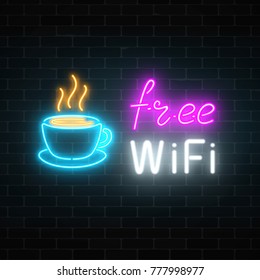 Neon cafe signboard with free wifi zone. Hot coffee cup and advertising lettering glowing sign on a dark brick wall background. Vector illustration.