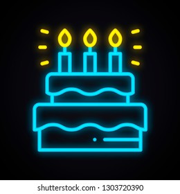 Neon cake sign with candles. Light sweets pie dessert. Glowing happy birthday bright symbol.