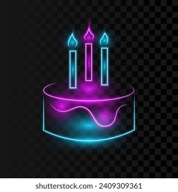 Neon cake with three candles, vector illustration.