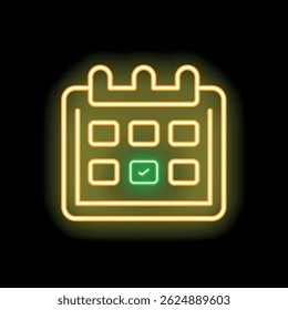 Neon calendar icon glowing yellow with green check mark