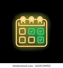Neon calendar icon showing tasks done with check marks on black background