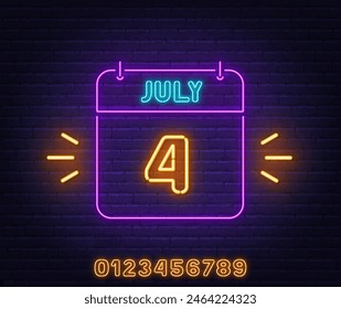 Neon Calendar Sign on brick wall background. 4 July text.