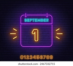 Neon Kalender Schild auf Backstein Wand Hintergrund. Text vom 1. September.