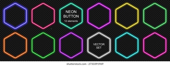Neon call action button hexagon with light for ui web game . Blue vector frame with glow sign box and 3d rectangle dark. Modern purple neon with banner icon round border light. Vector illustration set