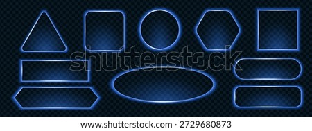 Neon call action glowing frame shapes in deep blue color, including triangle, circle, and rectangle forms. 3d light box elements for modern digital style.