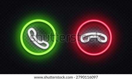 Neon call action icons featuring green answer and red hang-up buttons. Bright glowing symbols for phone interfaces, VoIP apps, and communication controls.