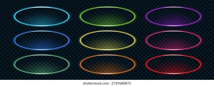 Marco ovalado de acción de llamada de neón en tonos brillantes multicolores: azul, verde, amarillo, rosa, rojo y naranja. Formas luminosas brillantes para UI y efectos digitales futuristas.