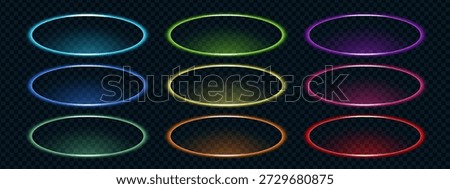 Neon call action oval frame set in multicolor glowing tones — blue, green, yellow, pink, red and orange. Bright luminous shapes for UI and futuristic digital effects.
