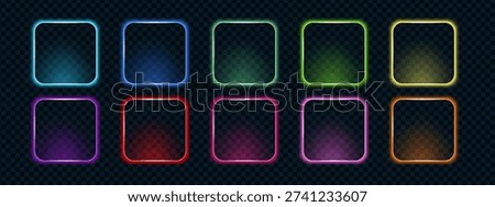 Neon call action square frame set in multicolor glowing tones including blue, green, yellow, red, pink and orange. Futuristic luminous elements for UI design.
