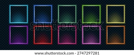 Neon call action square frame set in multicolor glowing tones including blue, green, yellow, red, pink and orange. Futuristic luminous elements for UI design.