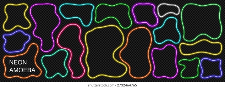 Neon call action with wavy button light ui and web game blue. Frame squiggle with glow scallop sign and box. Modern purple neon with banner icon button and border light. Vector illustration set