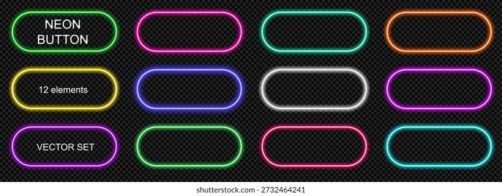 Botón de la píldora de llamada de neón con acción ligera y marco de Web ui. Púrpura rosa juego de signo de resplandor con caja de Vector azul y 3d oscuro moderno. Neón con píldoras de iconos Botón y borde redondo de luz. Ilustración vectorial