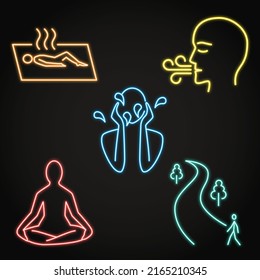 Neon calming activities icon set. How to stop panic attack. Vector illustration.