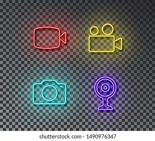 Neon camera signs vector isolated on brick wall. Video, photo, web camera light symbol, decoration effect. Neon digital illustration.