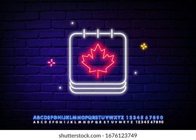 Diseño de la tarjeta de felicitación Neon Canada Day Greeting Card estilo moderno de tendencia. Cartel del Día de los Neones de Canadá, bandera clara. 1 de julio Día del Canadá. Ilustración vectorial. Editar signo de neón de texto
