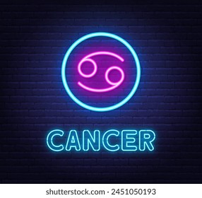 Neon Cancer Sign on brick wall background.